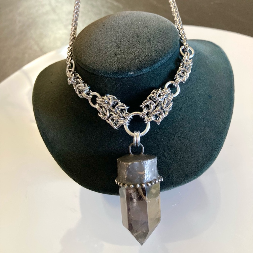 Handmade big raw black Smokey crystal quartz maille silver boho goth necklace - Picture 13 of 16